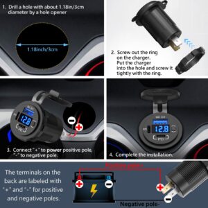 12V USB Outlet Qidoe USB C Car Charger Socket Dual PD 30W and 18W QC3.0 Port USB Car Socket with Voltmeter Button Switch Lengthened Waterproof USB Power Outlet for Car Boat Marine RV Vehicle