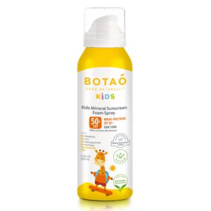 botao kid’s mineral zinc oxide sunscreen foam spray: spf50 broad spectrum uva uvb, children or kid’s for sensitive skin, sunburn protection, zinc oxide, 3.4 oz (1-pack)