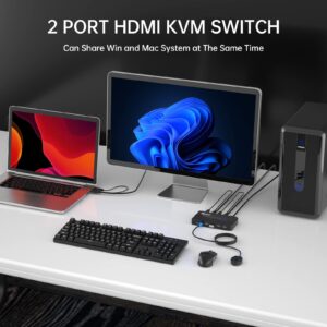 4K HDMI KVM Switch 2 Port, 4K@60Hz USB KVM Switch for 2 Computers 1 Monitor, w/2 KVM Cables & Wired Selector & 4 USB 2.0 Hubs