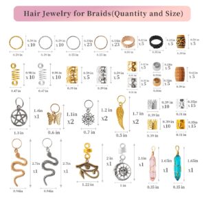 200pcs Hair Beads Jewelry, Dreadlocks Gem Crystal Charms, Metal Coils Rings, Gold And Silver Pendants,Braid Cuffs,Clips,Loc Tube Bead Braid Accessories for Braids Decoration