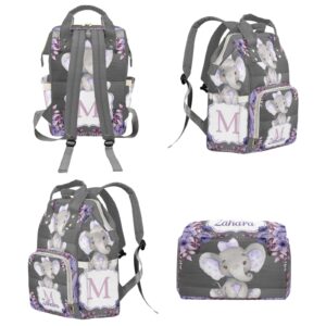 Violet Floral Elephant Monogarm Personalized Diaper Backpack with Name,Custom Travel DayPack for Nappy Mommy Nursing Baby Bag One Size