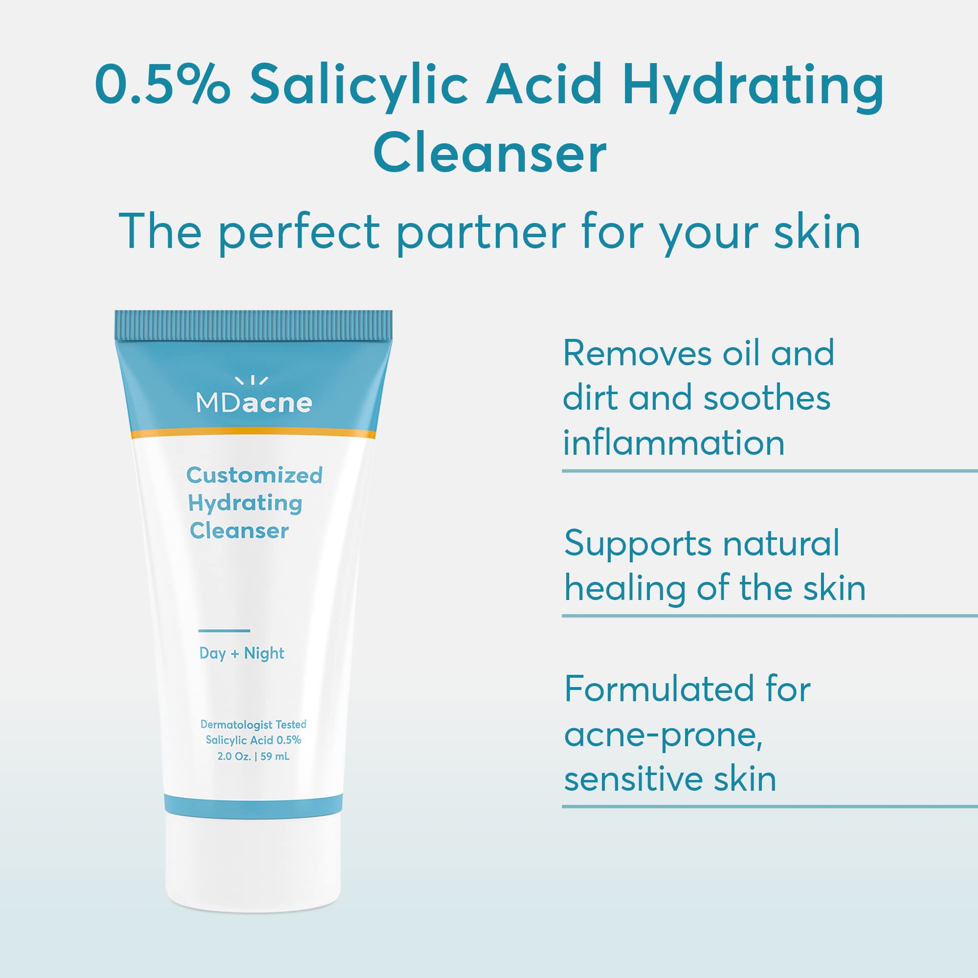 MDacne Hydrating Facial Cleanser with Micronized Salicylic Acid 0.5% - Acne Treatment with Plant-Based Ingredients to Remove Dirt & Oil, Protect Skin & Unclog Pores - Soothes Redness & Inflammation