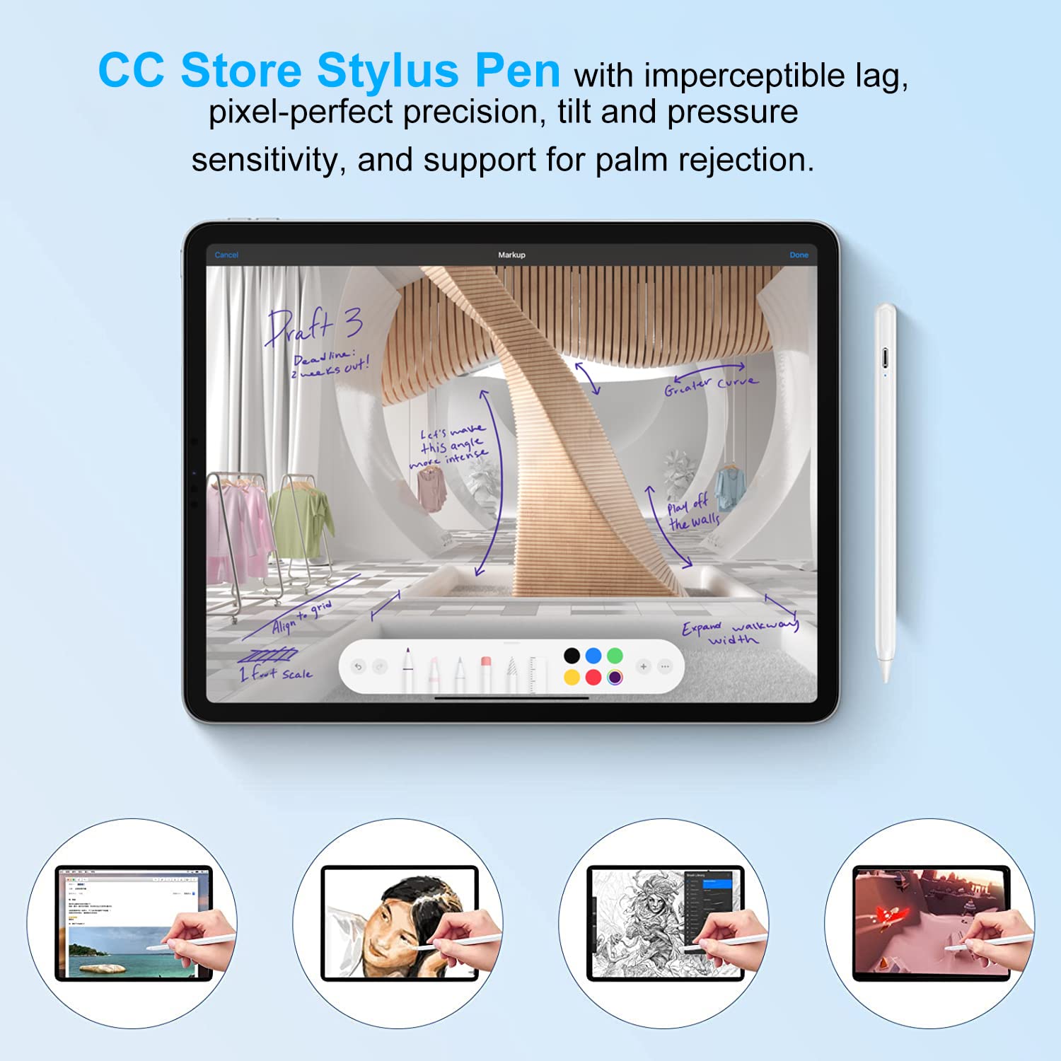 CC Store for iPad Pencil 10/9th Generation,Pen for iPad Stylus Compatible with iPad 2018~2022,for iPad 10/9/8/7/6th Gen,for Air Pro Mini 15 Mins Fast Charging,Palm Rejection & Tilt Sensitive(White)