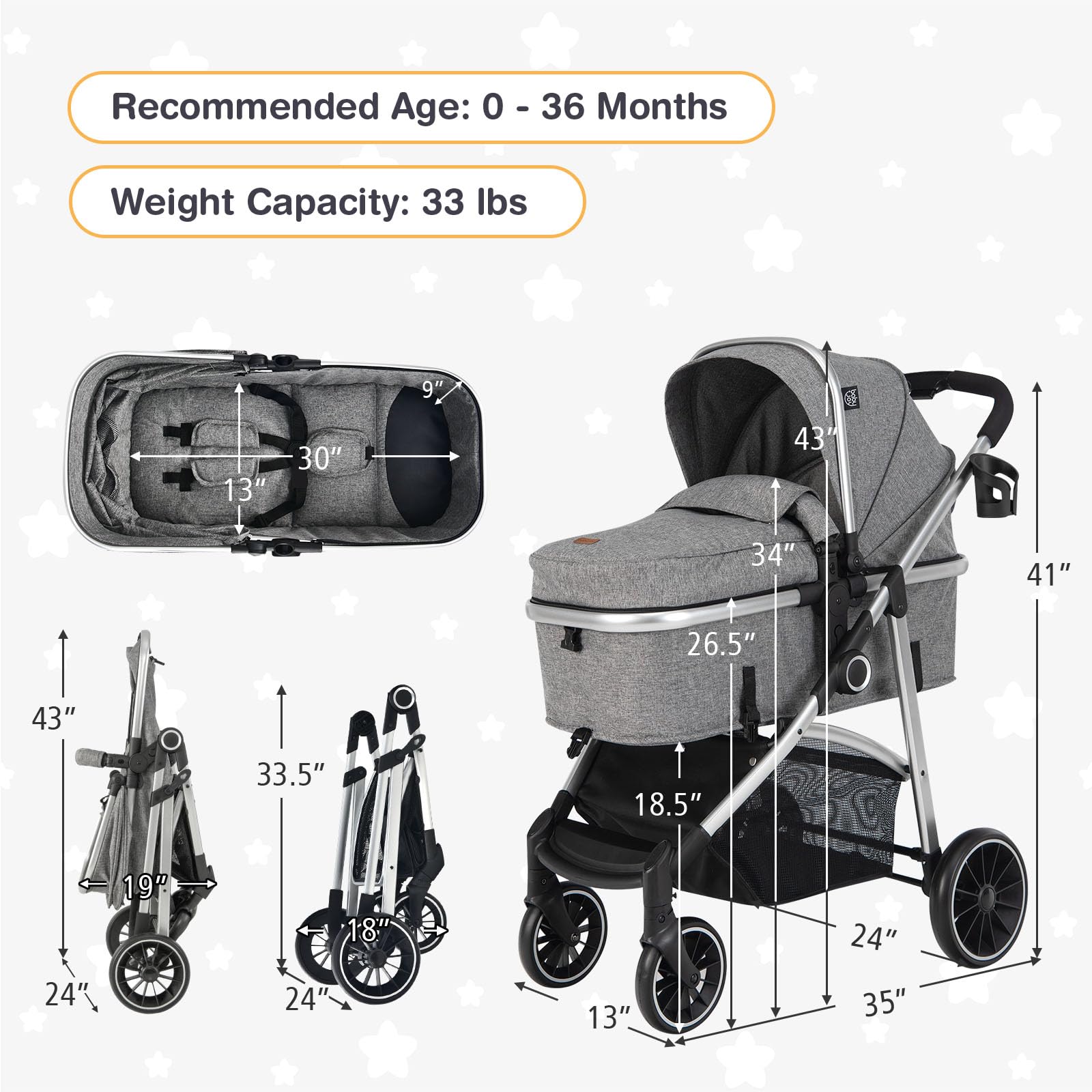 BABY JOY 2 in 1 Convertible Baby Stroller, High Landscape Baby Stroller w/Reversible Seat, Removable Footmuff, Adjustable Backrest & Canopy, Foldable Infant Pram Stroller for 0-36 Months Babies, Gray