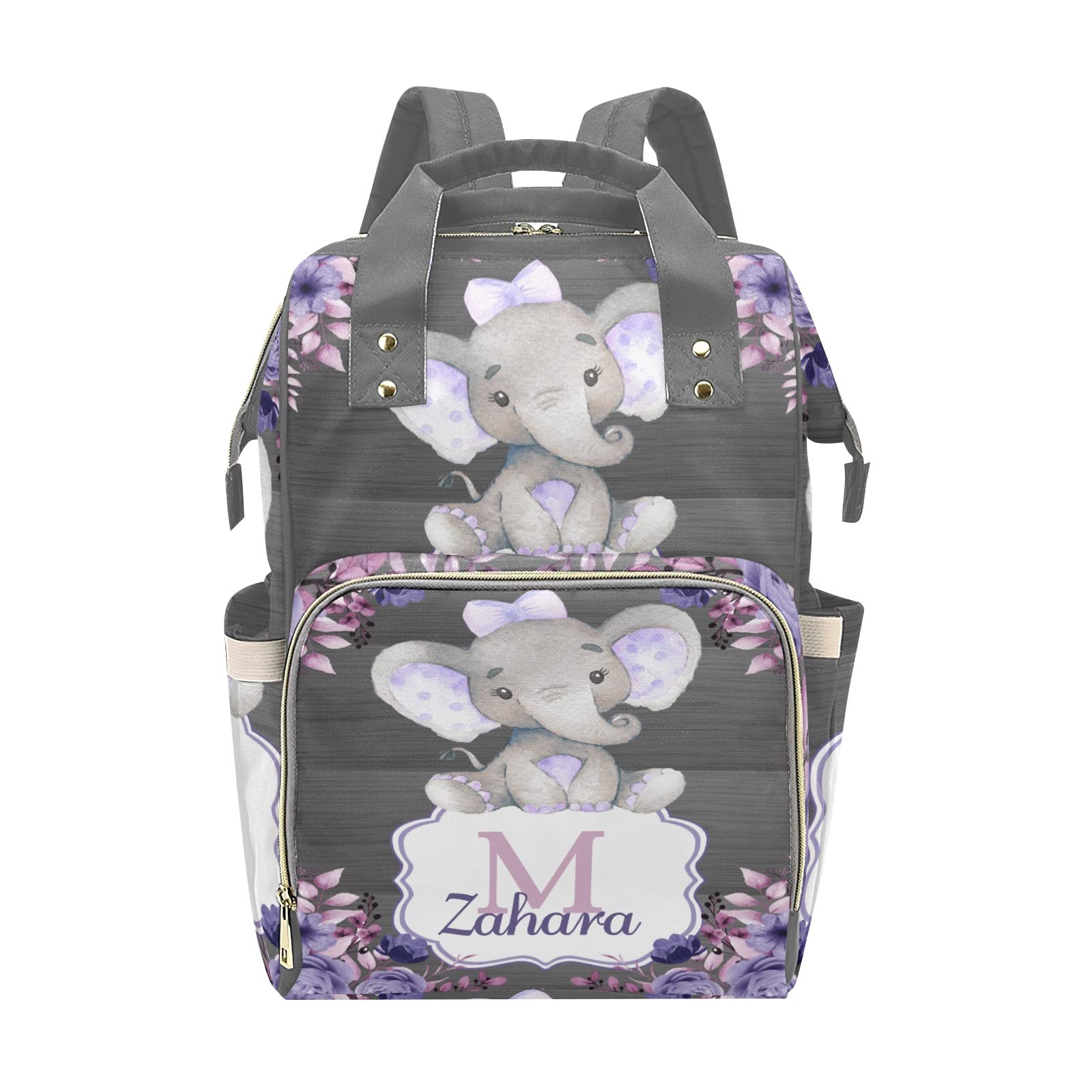 Violet Floral Elephant Monogarm Personalized Diaper Backpack with Name,Custom Travel DayPack for Nappy Mommy Nursing Baby Bag One Size