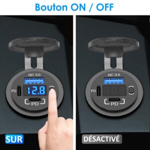 12V USB Outlet Qidoe USB C Car Charger Socket Dual PD 30W and 18W QC3.0 Port USB Car Socket with Voltmeter Button Switch Lengthened Waterproof USB Power Outlet for Car Boat Marine RV Vehicle