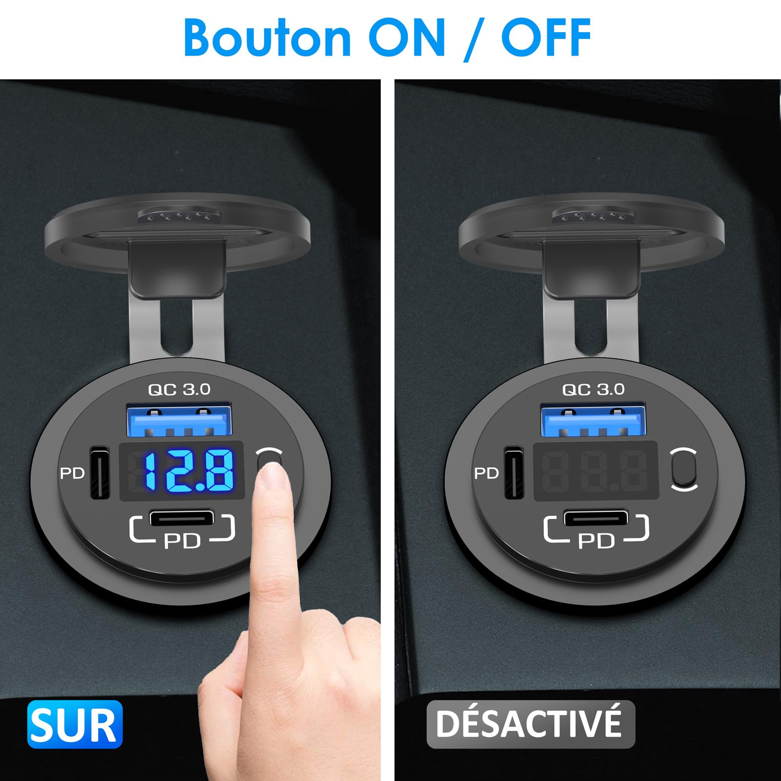 12V USB Outlet Qidoe USB C Car Charger Socket Dual PD 30W and 18W QC3.0 Port USB Car Socket with Voltmeter Button Switch Lengthened Waterproof USB Power Outlet for Car Boat Marine RV Vehicle