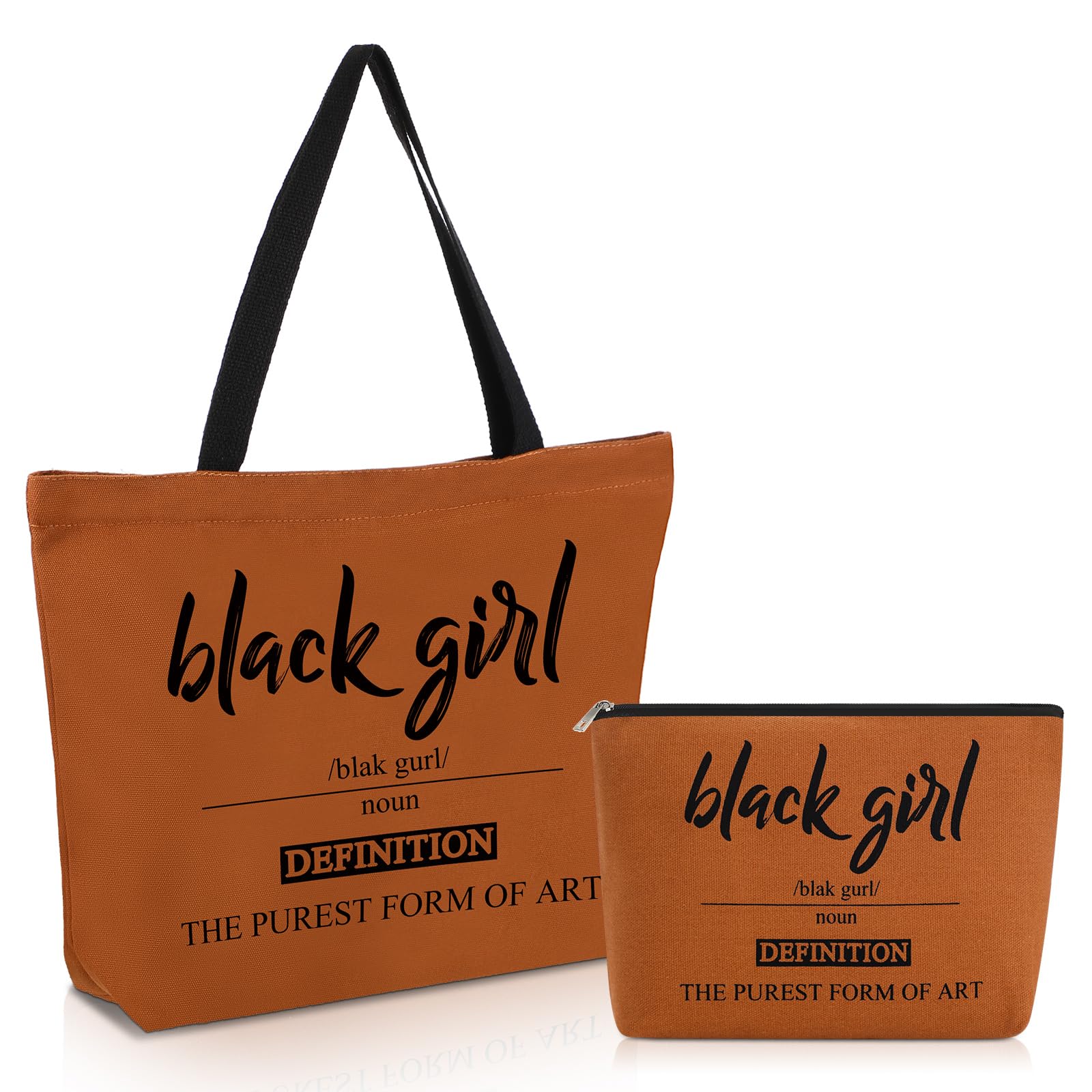 Coume 2 Pcs Black Girl Definition Canvas Tote Bags Juneteenth Day Gift Brown Makeup Bag Set the Purest Form of Art Blk with Zipper Travel Trip Toiletry Bags for Women Shopping School