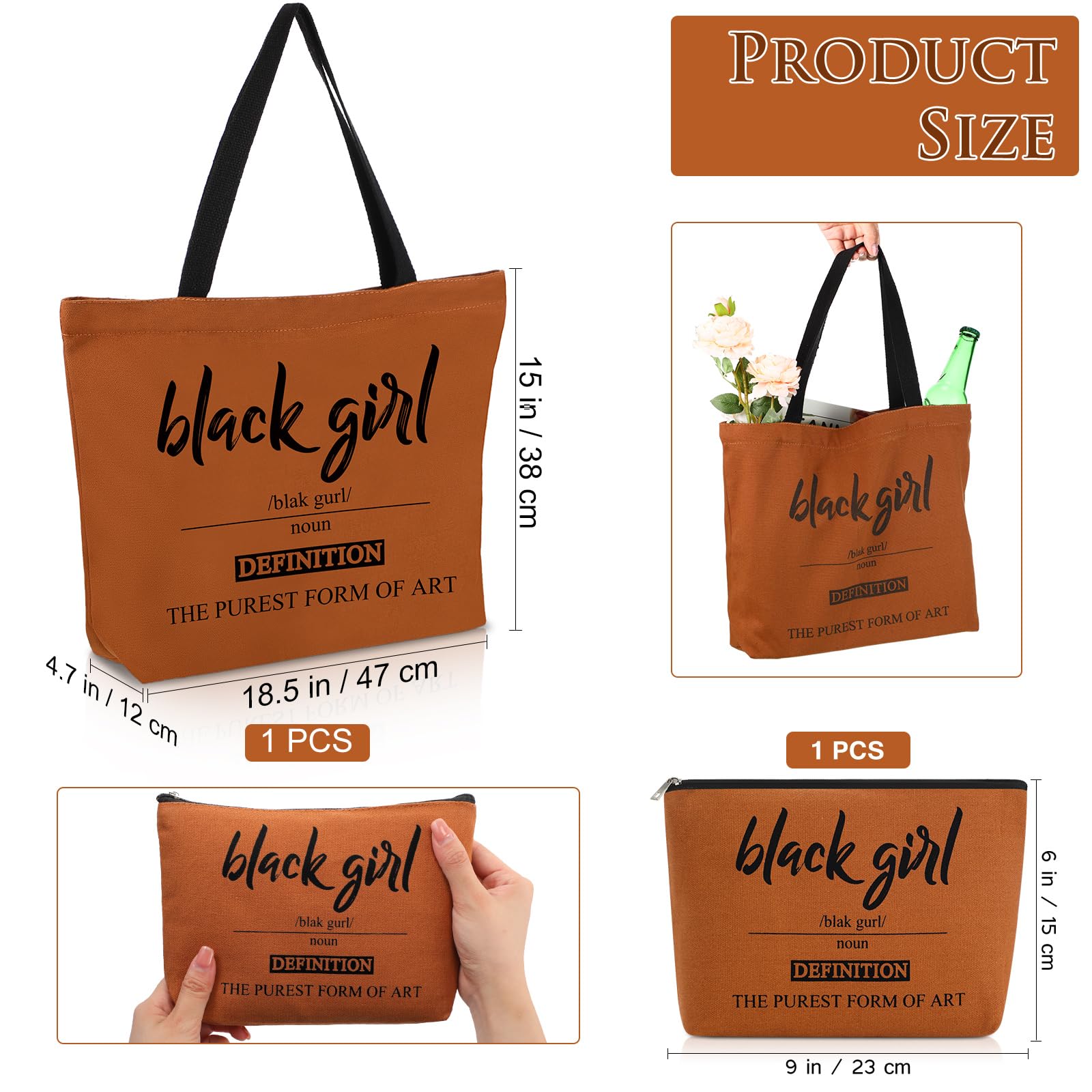 Coume 2 Pcs Black Girl Definition Canvas Tote Bags Juneteenth Day Gift Brown Makeup Bag Set the Purest Form of Art Blk with Zipper Travel Trip Toiletry Bags for Women Shopping School