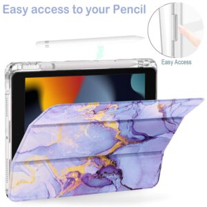 Feams for iPad 9th Generation Case 10.2 Inch, Trifold iPad 10.2 Case Clear Transparent Back Cover with Pencil Holder & Auto Sleep for iPad 9th/8th/7th Generation 2021/2020/2019, Purple Gold Marble