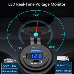 12V USB Outlet Qidoe USB C Car Charger Socket Dual PD 30W and 18W QC3.0 Port USB Car Socket with Voltmeter Button Switch Lengthened Waterproof USB Power Outlet for Car Boat Marine RV Vehicle