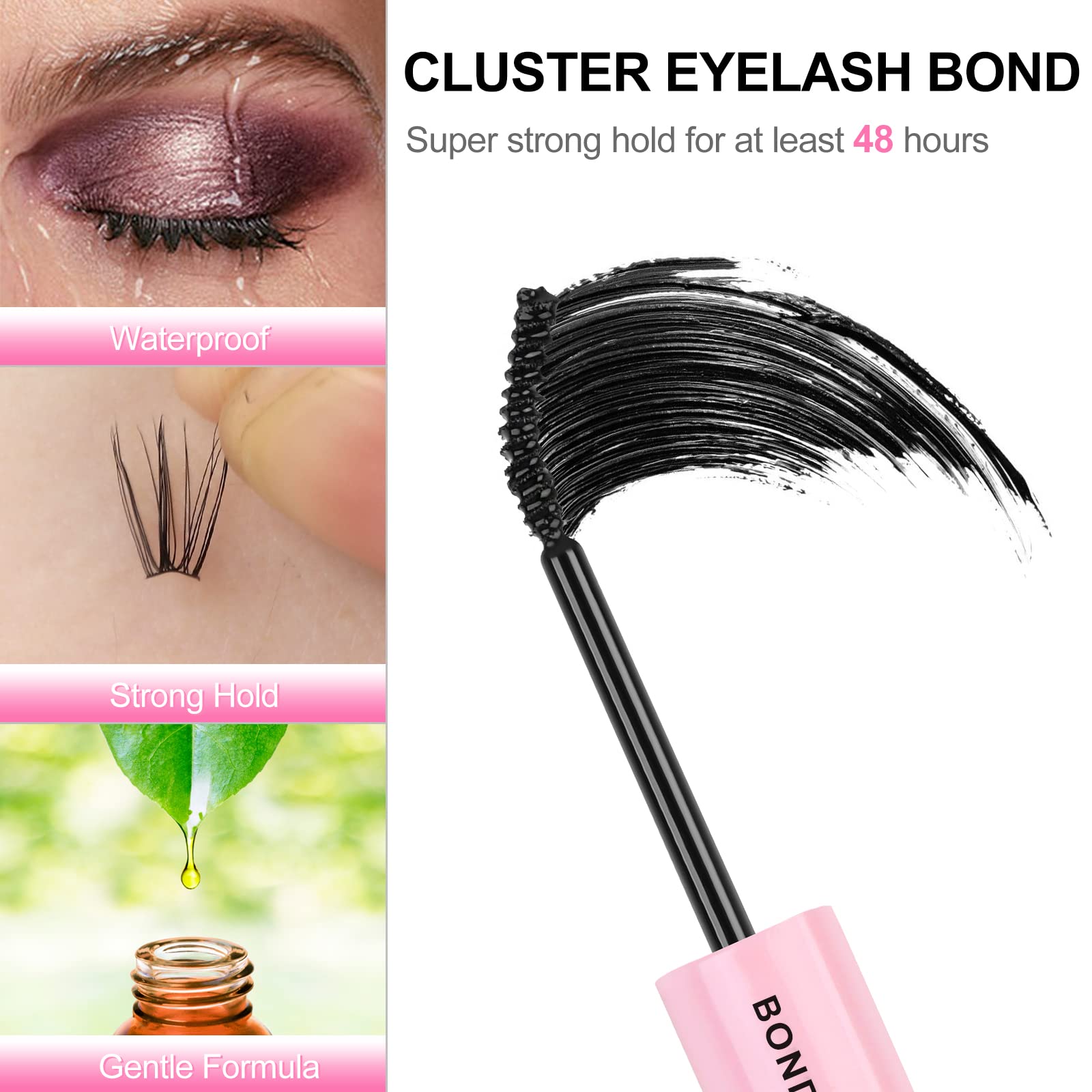 Fenshine Lash Bond and Seal, Cluster Eyelash Glue, Individual Cluster DIY Eyelash Extensions, Super Strong Hold Cluster Lash Adhesive, Waterproof, Latex Free, Mascara Wand Glue