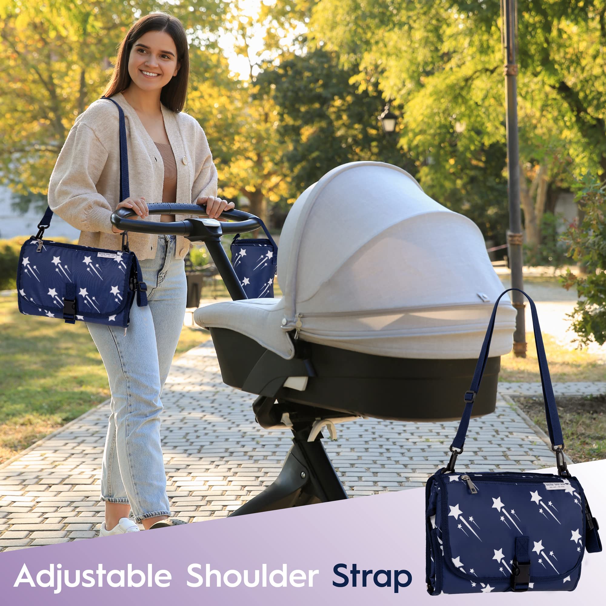 Nastéri Baby Gear Extra Large Portable Baby Changing Pad with Memory Foam Pillow & Insulated Bottle Bag – Waterproof Portable Baby Changing Station for Girls & Boys - Navy