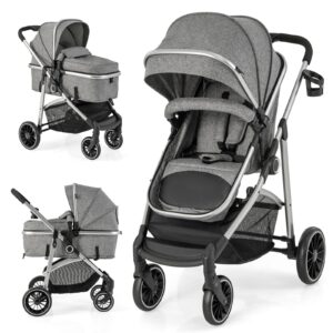 baby joy 2 in 1 convertible baby stroller, high landscape baby stroller w/reversible seat, removable footmuff, adjustable backrest & canopy, foldable infant pram stroller for 0-36 months babies, gray