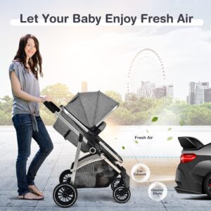 BABY JOY 2 in 1 Convertible Baby Stroller, High Landscape Baby Stroller w/Reversible Seat, Removable Footmuff, Adjustable Backrest & Canopy, Foldable Infant Pram Stroller for 0-36 Months Babies, Gray