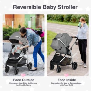 BABY JOY 2 in 1 Convertible Baby Stroller, High Landscape Baby Stroller w/Reversible Seat, Removable Footmuff, Adjustable Backrest & Canopy, Foldable Infant Pram Stroller for 0-36 Months Babies, Gray