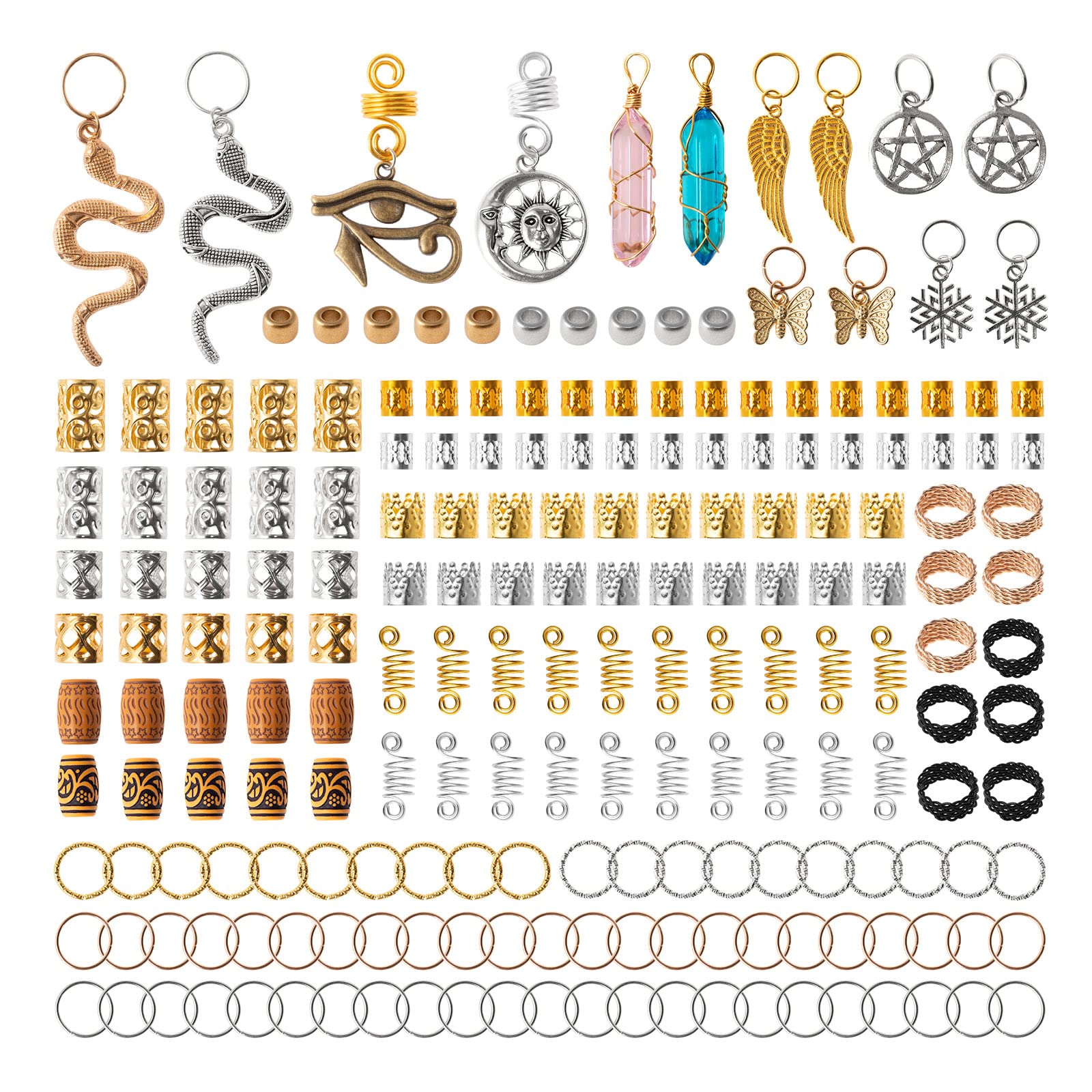 200pcs Hair Beads Jewelry, Dreadlocks Gem Crystal Charms, Metal Coils Rings, Gold And Silver Pendants,Braid Cuffs,Clips,Loc Tube Bead Braid Accessories for Braids Decoration