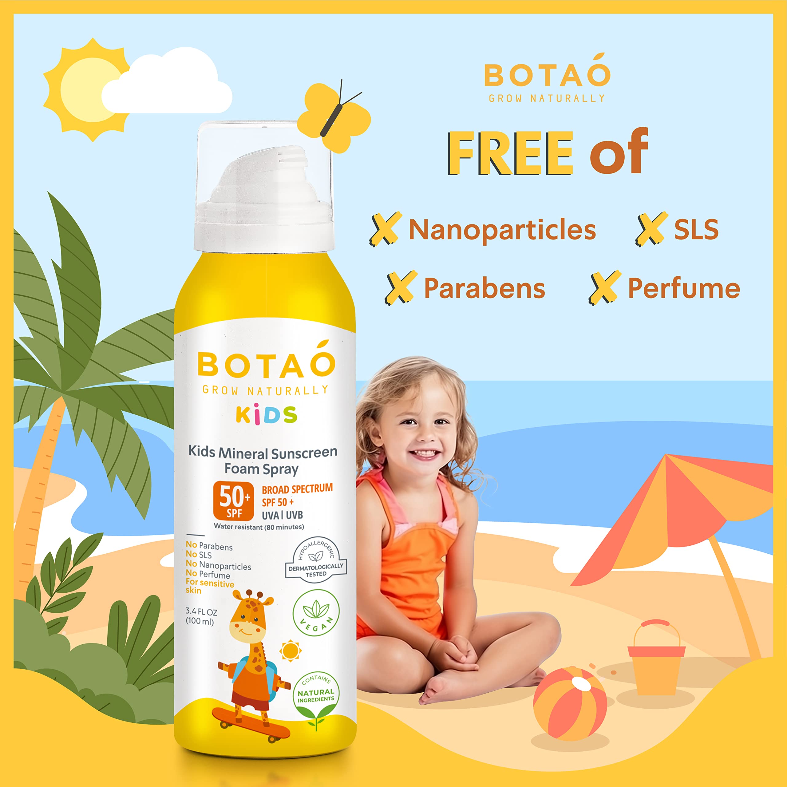 BOTAO Kid’s Mineral Zinc Oxide Sunscreen Foam Spray: SPF50 Broad Spectrum UVA UVB, Children or Kid’s for sensitive skin, Sunburn Protection, Zinc Oxide, 3.4 Oz (1-Pack)