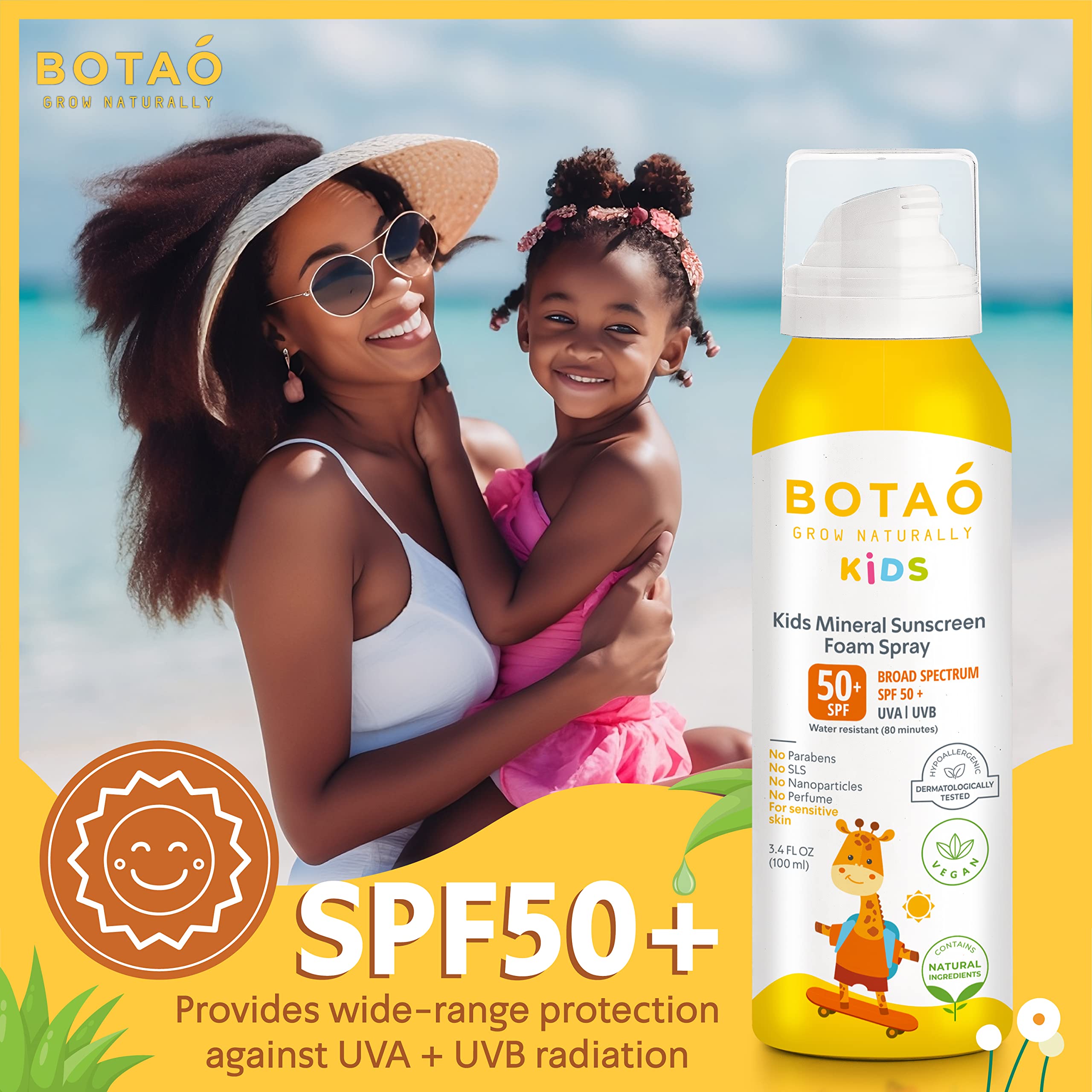 BOTAO Kid’s Mineral Zinc Oxide Sunscreen Foam Spray: SPF50 Broad Spectrum UVA UVB, Children or Kid’s for sensitive skin, Sunburn Protection, Zinc Oxide, 3.4 Oz (1-Pack)