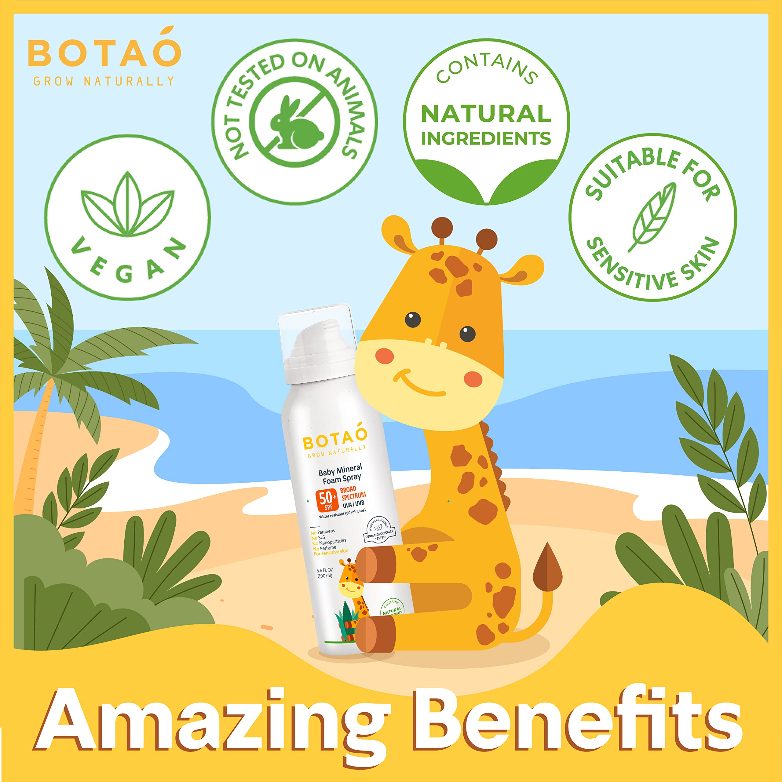 BOTAO Kid’s Mineral Zinc Oxide Sunscreen Foam Spray: SPF50 Broad Spectrum UVA UVB, Children or Kid’s for sensitive skin, Sunburn Protection, Zinc Oxide, 3.4 Oz (1-Pack)