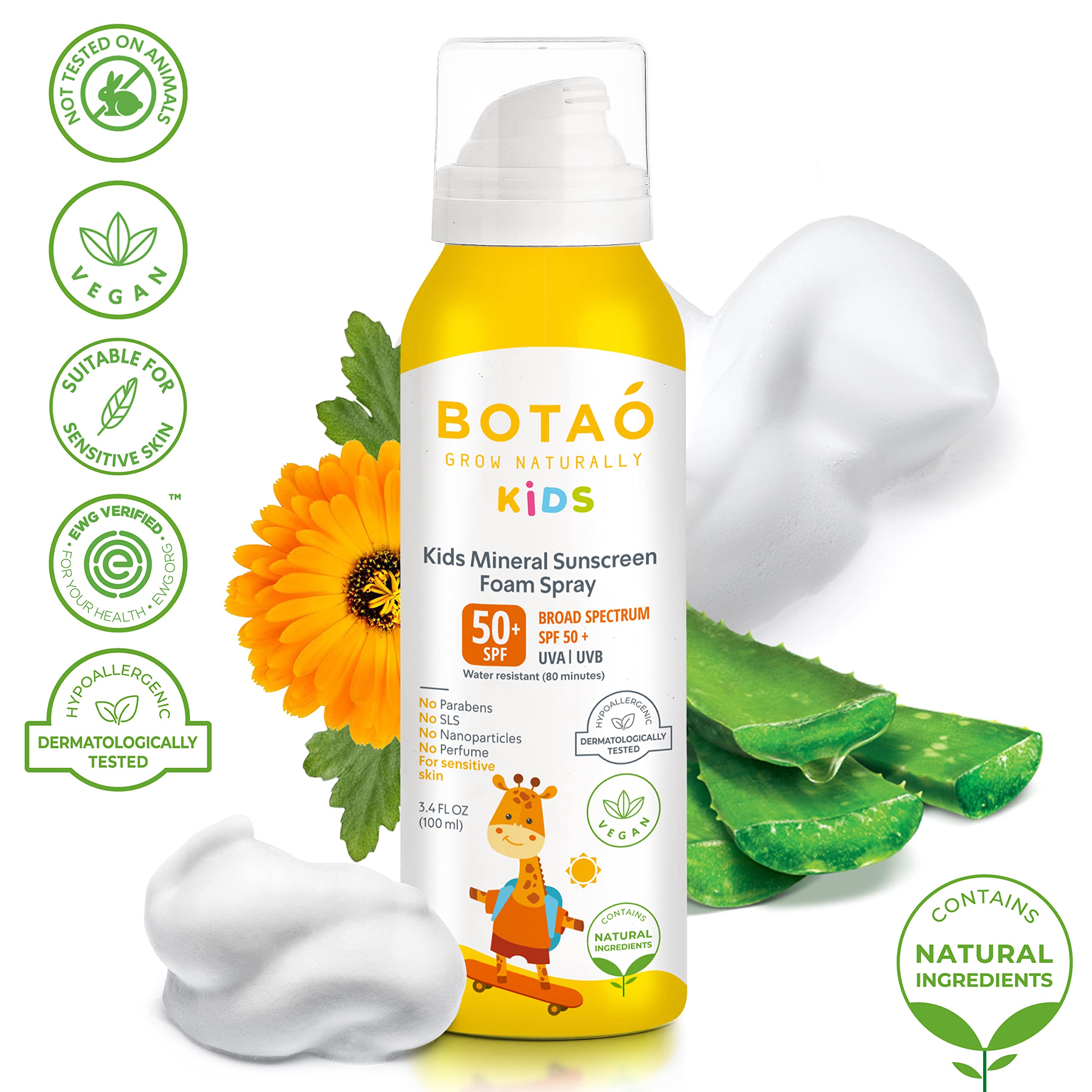 BOTAO Kid’s Mineral Zinc Oxide Sunscreen Foam Spray: SPF50 Broad Spectrum UVA UVB, Children or Kid’s for sensitive skin, Sunburn Protection, Zinc Oxide, 3.4 Oz (1-Pack)