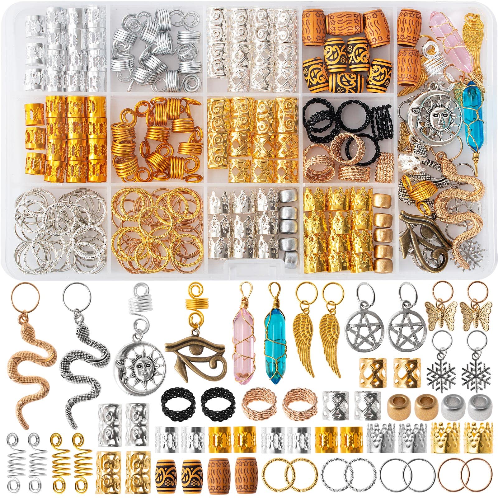 200pcs Hair Beads Jewelry, Dreadlocks Gem Crystal Charms, Metal Coils Rings, Gold And Silver Pendants,Braid Cuffs,Clips,Loc Tube Bead Braid Accessories for Braids Decoration