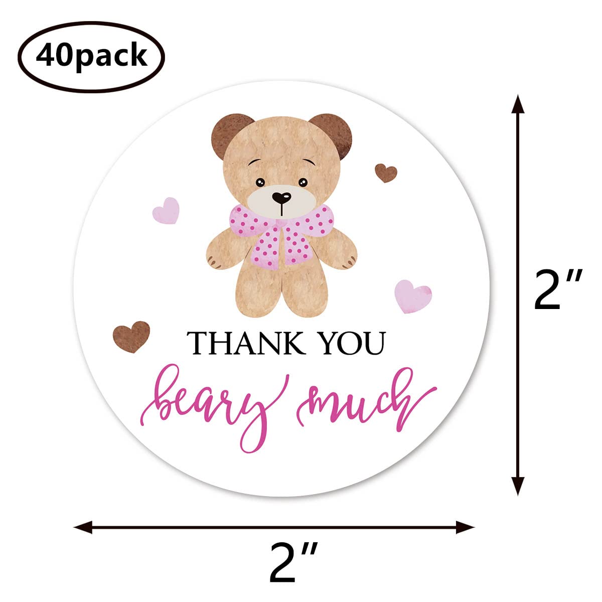 Pink Bear Thank You Stickers, 2 Inch Bear Girl Baby Shower Birthday Party Labels 40-Pack