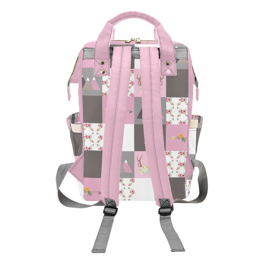 Liveweike Pink Grey Floral Deer Patchwork Personalized Diaper Bag Backpack Custom Name Daypack Large Mommy Bags for Teen Girl Boy Student