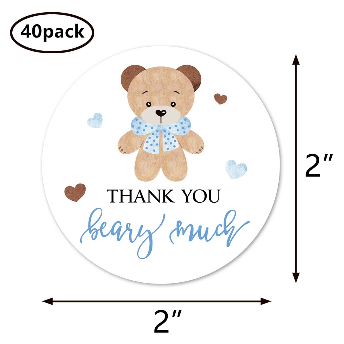 Blue Bear Thank You Stickers, 2 Inch Bear Boy Baby Shower Birthday Party Labels 40-Pack