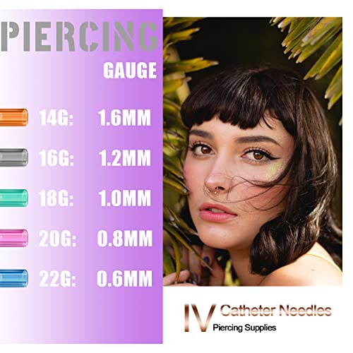 Autdor Catheter Piercing Needles 50Pcs Mixed IV Catheter Needles 14G 16G 18G 20G and 22G Ear Nose Piercing Needles Hollow Needles for Lip Tongue Belly Navel Nipple Cartilage Piercing Kit