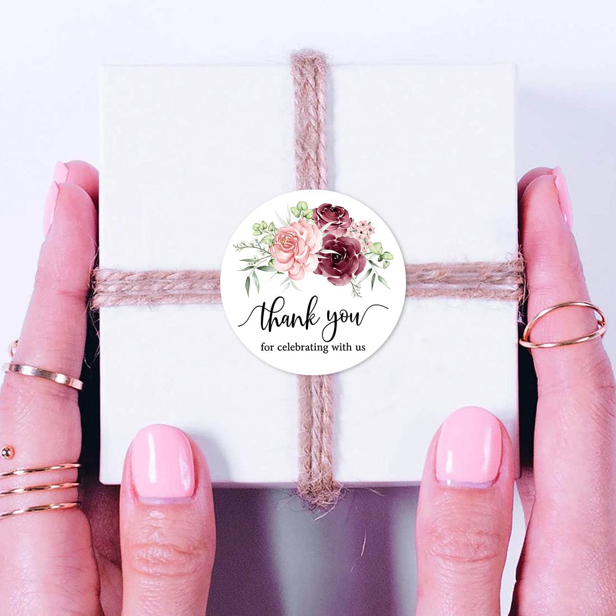 Burgundy Floral Mini Thank Stickers, 1 Inch Wedding Bridal Baby Shower Party Favor Labels 120-Pack