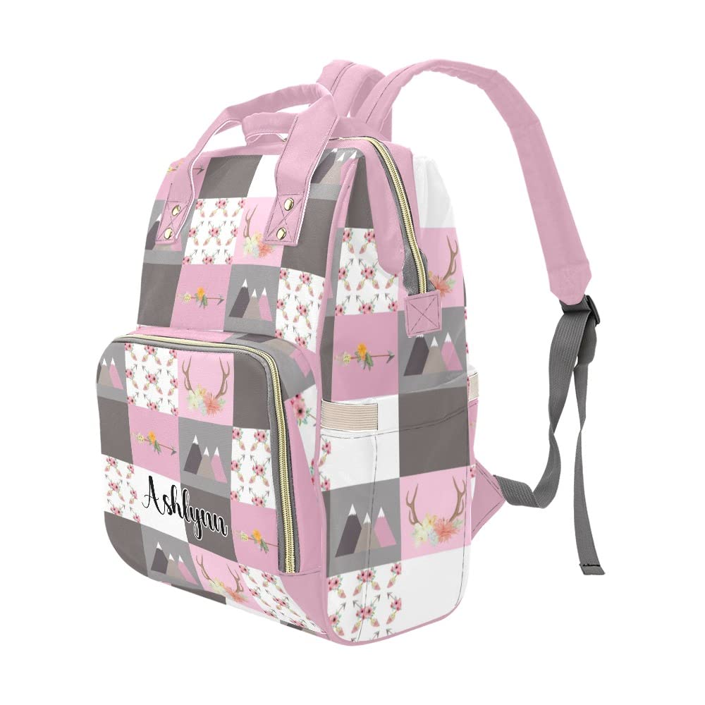 Liveweike Pink Grey Floral Deer Patchwork Personalized Diaper Bag Backpack Custom Name Daypack Large Mommy Bags for Teen Girl Boy Student