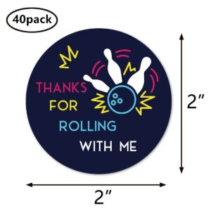 Bowling thanks for rolling stickers, 2 Inch Girl Boy Birthday Party Favor Labels 40-Pack