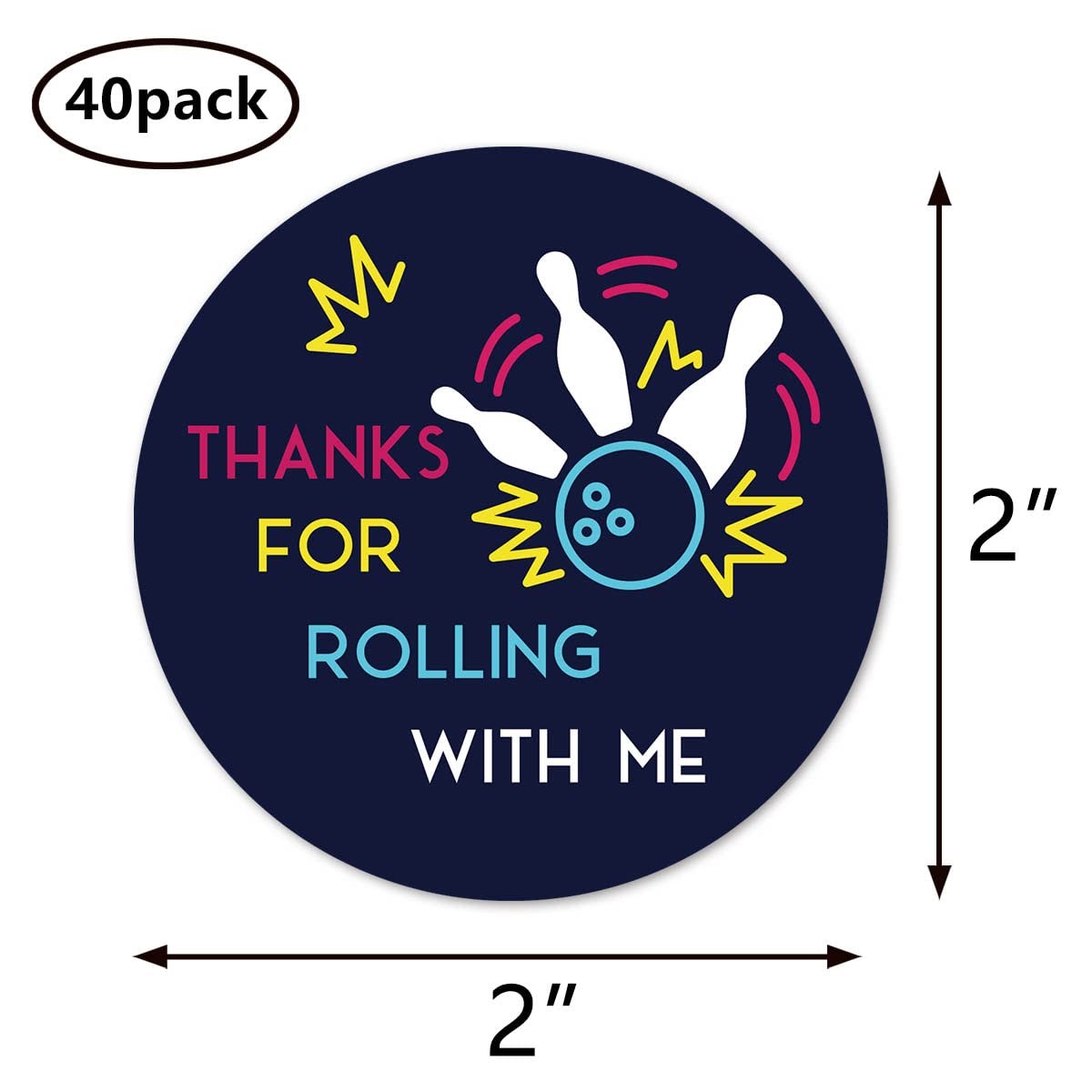 Bowling thanks for rolling stickers, 2 Inch Girl Boy Birthday Party Favor Labels 40-Pack