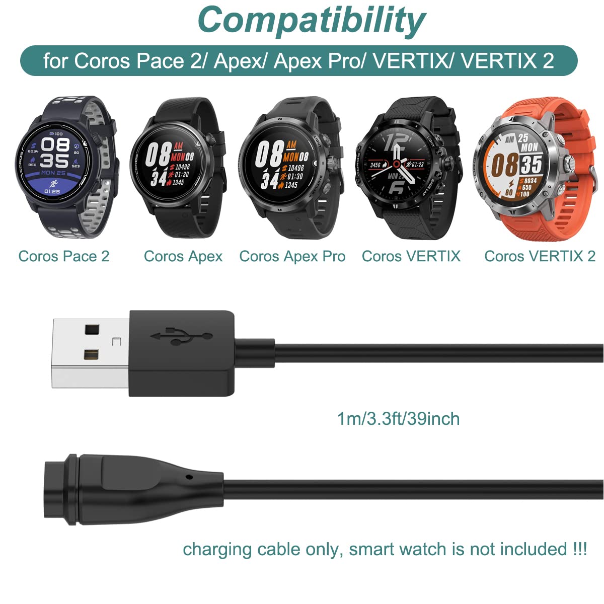 Kissmart Charger for Coros PACE 3, PACE 2, APEX, APEX Pro, VERTIX, VERTIX 2, Replacement Charging Cable Cord for Coros Smart Watch (1)