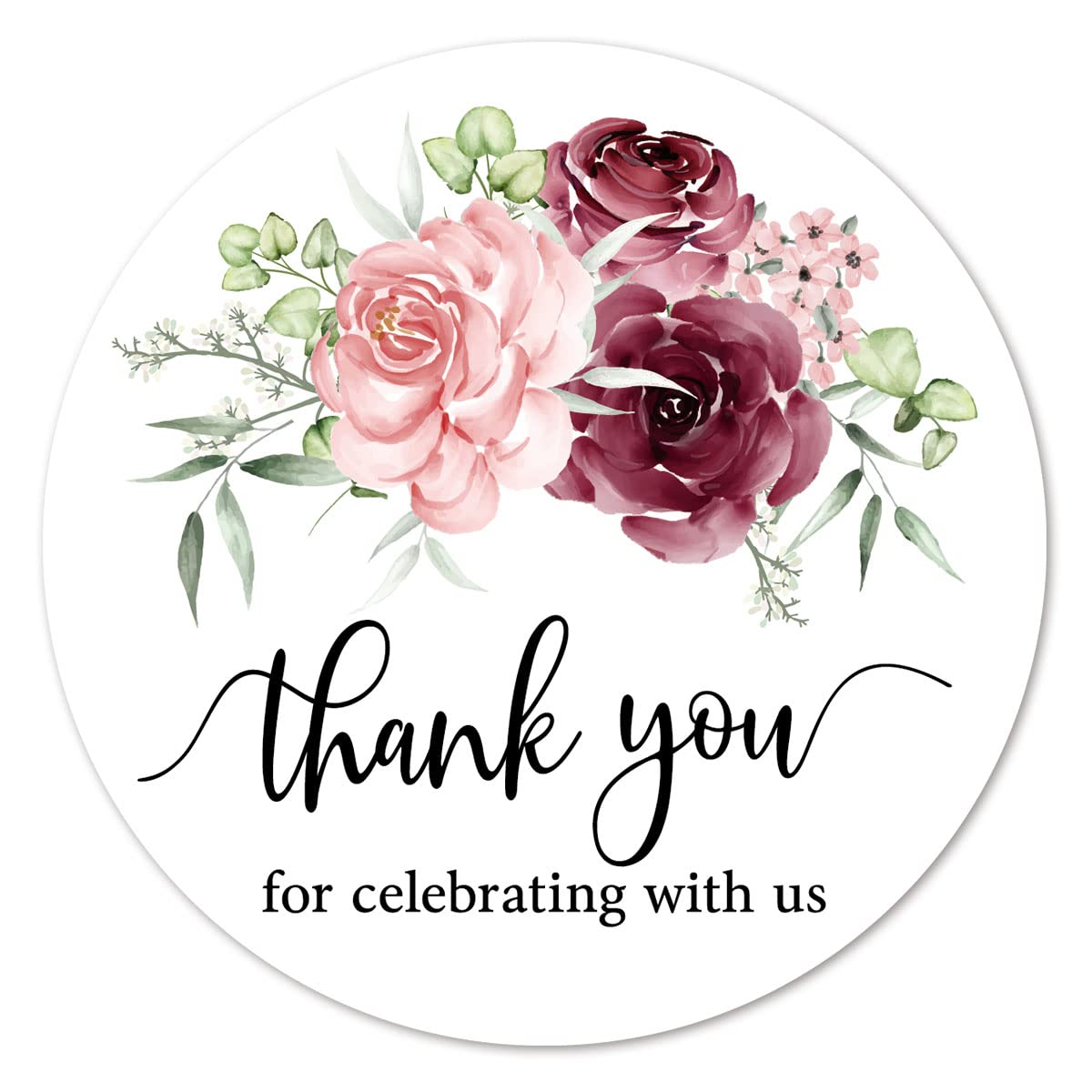 Burgundy Floral Mini Thank Stickers, 1 Inch Wedding Bridal Baby Shower Party Favor Labels 120-Pack