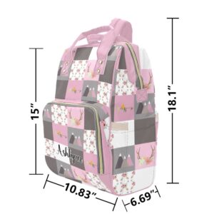 Liveweike Pink Grey Floral Deer Patchwork Personalized Diaper Bag Backpack Custom Name Daypack Large Mommy Bags for Teen Girl Boy Student