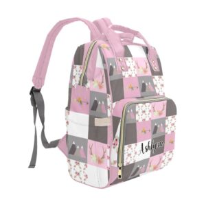 Liveweike Pink Grey Floral Deer Patchwork Personalized Diaper Bag Backpack Custom Name Daypack Large Mommy Bags for Teen Girl Boy Student