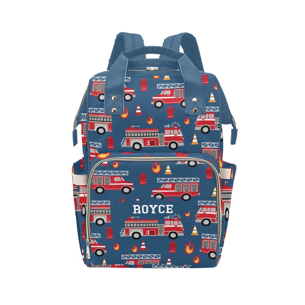 Liveweike Fire Trucks Car Dark Blue Personalized Diaper Bag Backpack Custom Name Daypack Large Mommy Bags for Teen Girl Boy Student