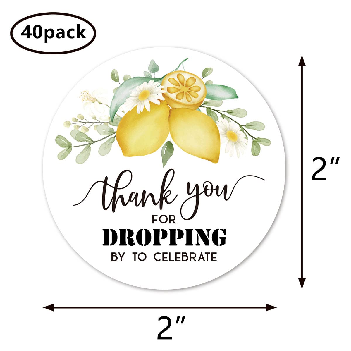 Lemon Thank You Dropping by Stickers, 2 Inch Baby Shower Birthday Party Favor Labels 40-Pack