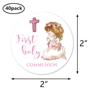 Pink First Holy Communion Stickers, 2 Inch Girl Religious Favor Stickers Labels 40-Pack