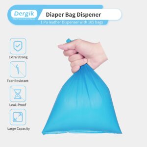 Dergik LEATHER Diaper Bag Dispenser | 105 Diaper Bags Disposable (7 Refills) for Baby and Toddler Poop or Dirty Clothes, Dirty Paper Towels | Portable Travel Essential and On the Go, Silver