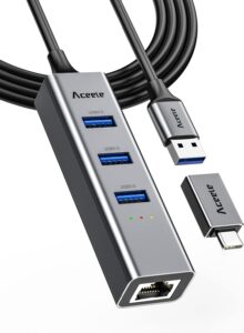 aceele usb c to ethernet adapter, 3.3ft long cable, aluminum usb-c hub with 4 usb 3.0 ports, thunderbolt 3/usb-c to rj45 gigabit ethernet lan network adapter multiport for macbook pro/air, ipad pro