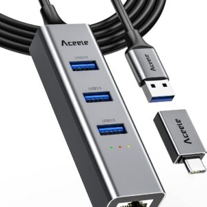 Aceele USB C to Ethernet Adapter, 3.3ft Long Cable, Aluminum USB-C Hub with 4 USB 3.0 Ports, Thunderbolt 3/USB-C to RJ45 Gigabit Ethernet LAN Network Adapter Multiport for MacBook Pro/Air, iPad Pro