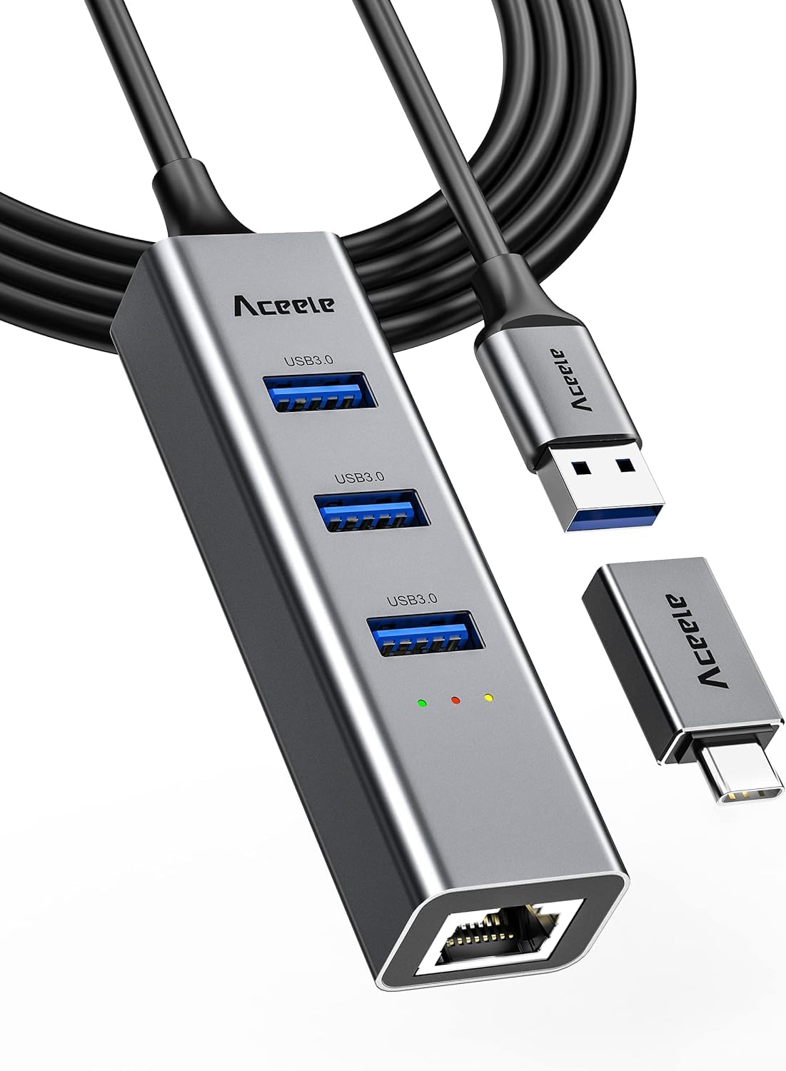 Aceele USB C to Ethernet Adapter, 3.3ft Long Cable, Aluminum USB-C Hub with 4 USB 3.0 Ports, Thunderbolt 3/USB-C to RJ45 Gigabit Ethernet LAN Network Adapter Multiport for MacBook Pro/Air, iPad Pro