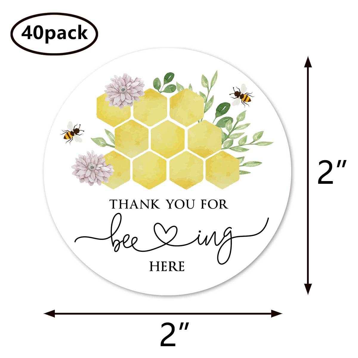 Bee Thank You for Beeing Here Stickers, 2 inch Wedding Bridal Baby Shower Party Labels 40pack