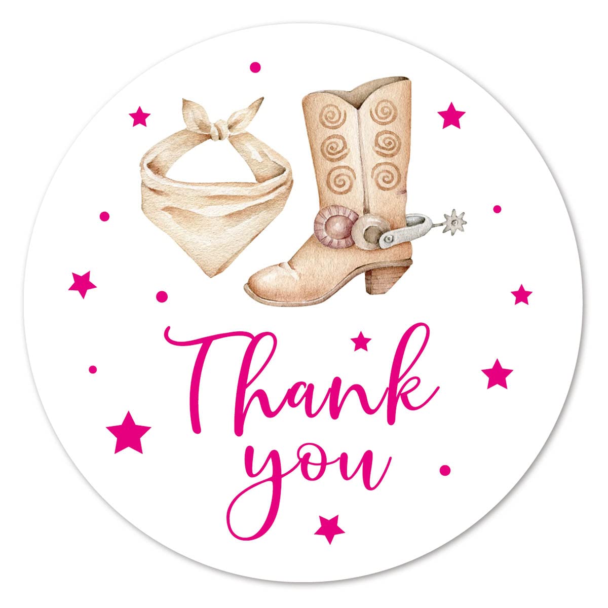 Cowgirl Boots Thank You Stickers, 2 Inch Girl Pink Western Birthday Baby Shower Party Favor Labels 40-Pack