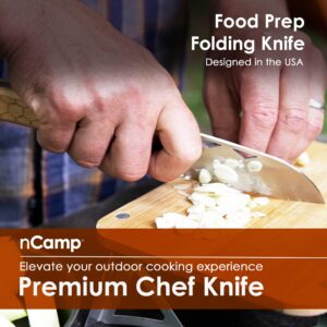 nCamp Food Prep Folding Knife - Premium Chef Knife, Classic Western Utility, Outdoor Cooking Knife with 9CR18MOV Steel Blade, wood handle for a comfortable secure grip