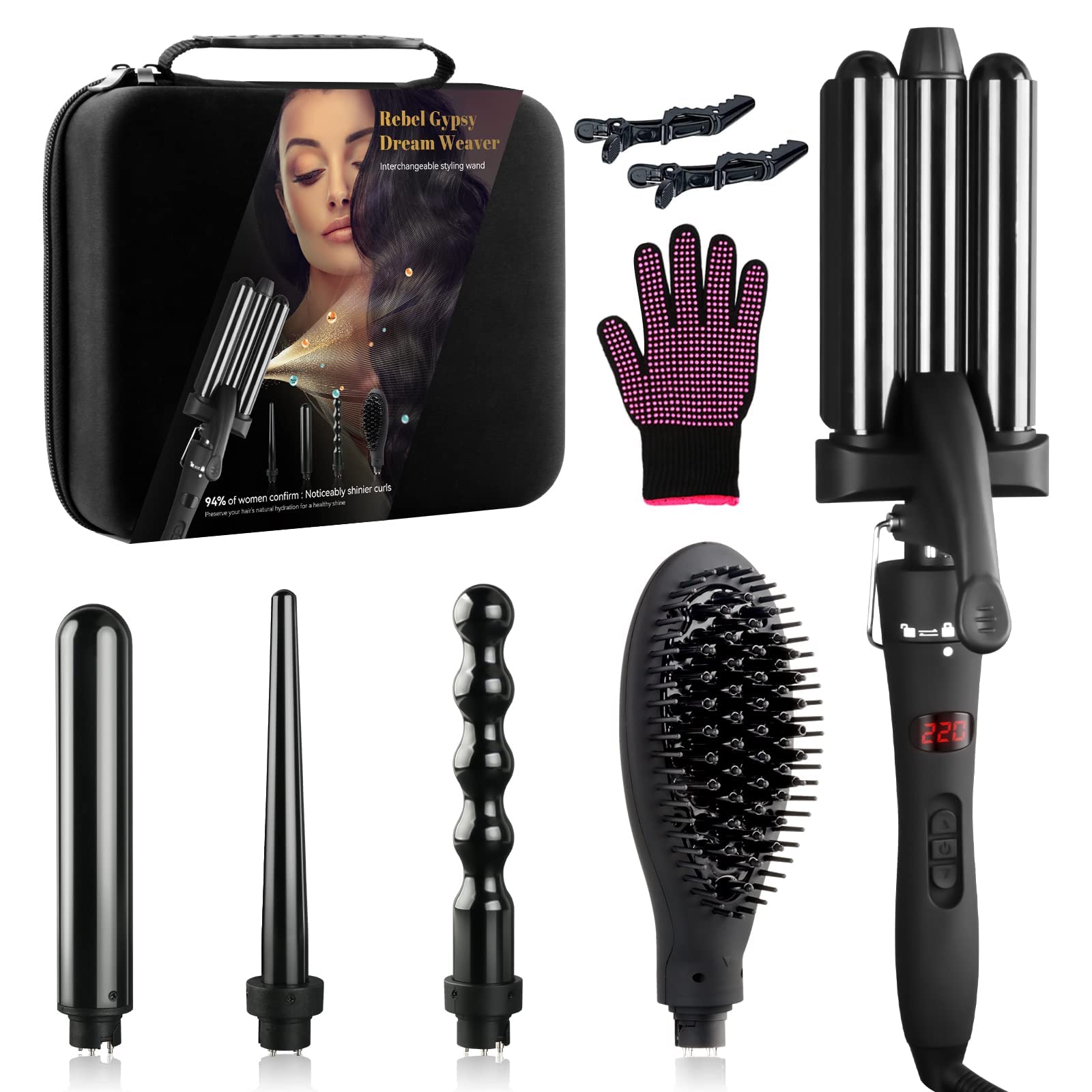 5 in 1 Beach Waver & Straightener Set by Curling Iron Set - Interchangeable Barrels, Instant Heat Up, LED Display, Hot Tools