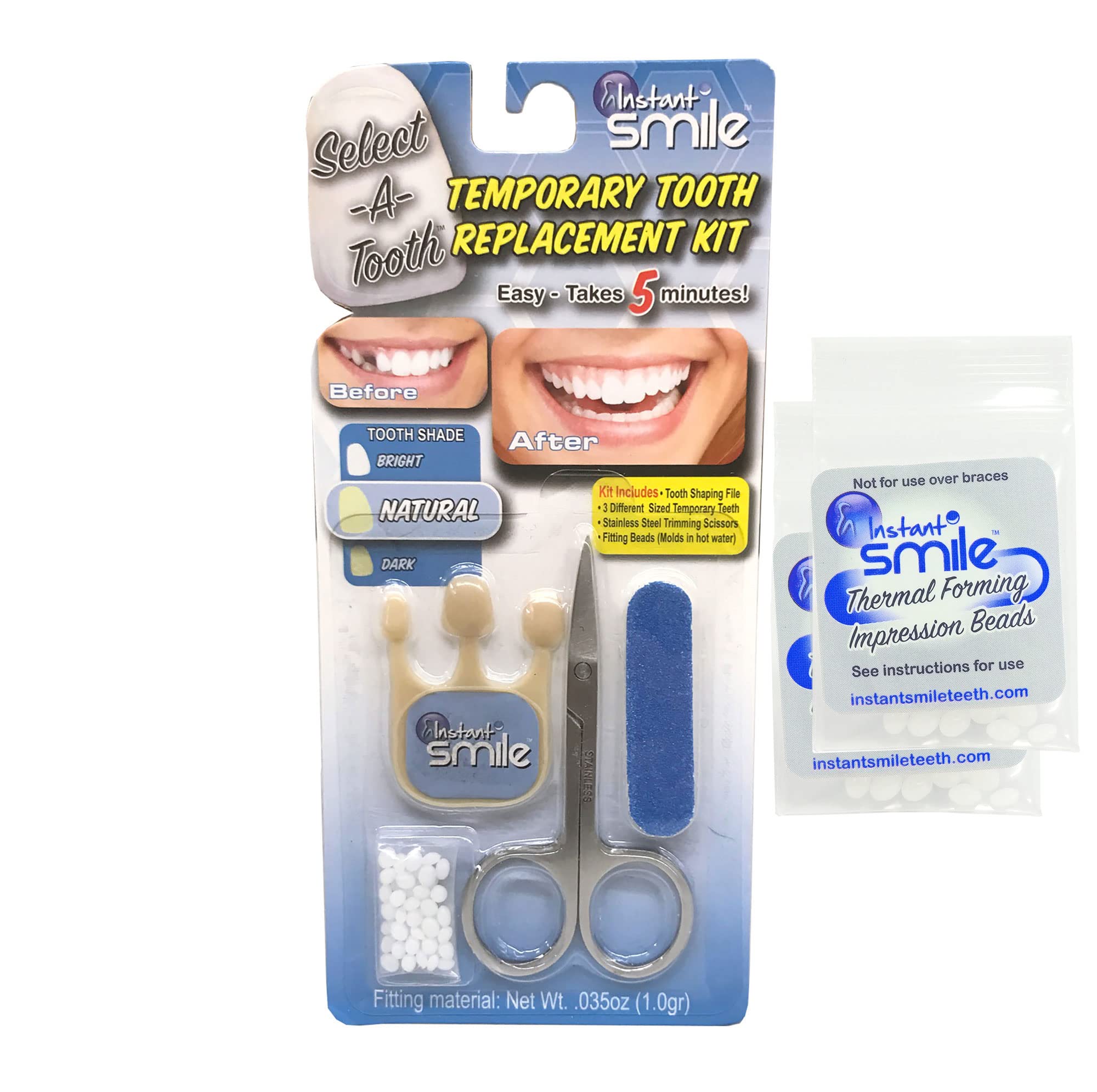 Instant Smile Temporary Tooth Replacement Kit - Natural Shade, with Extra Thermal Fitting Beads